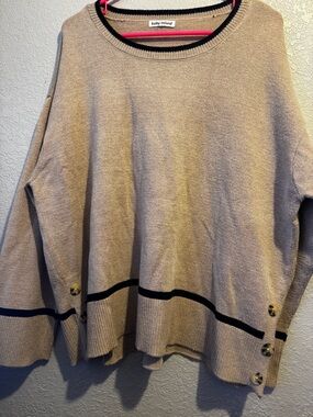 kathy ireland Cream Crewneck Sweater with Black Stripe and Button Detail